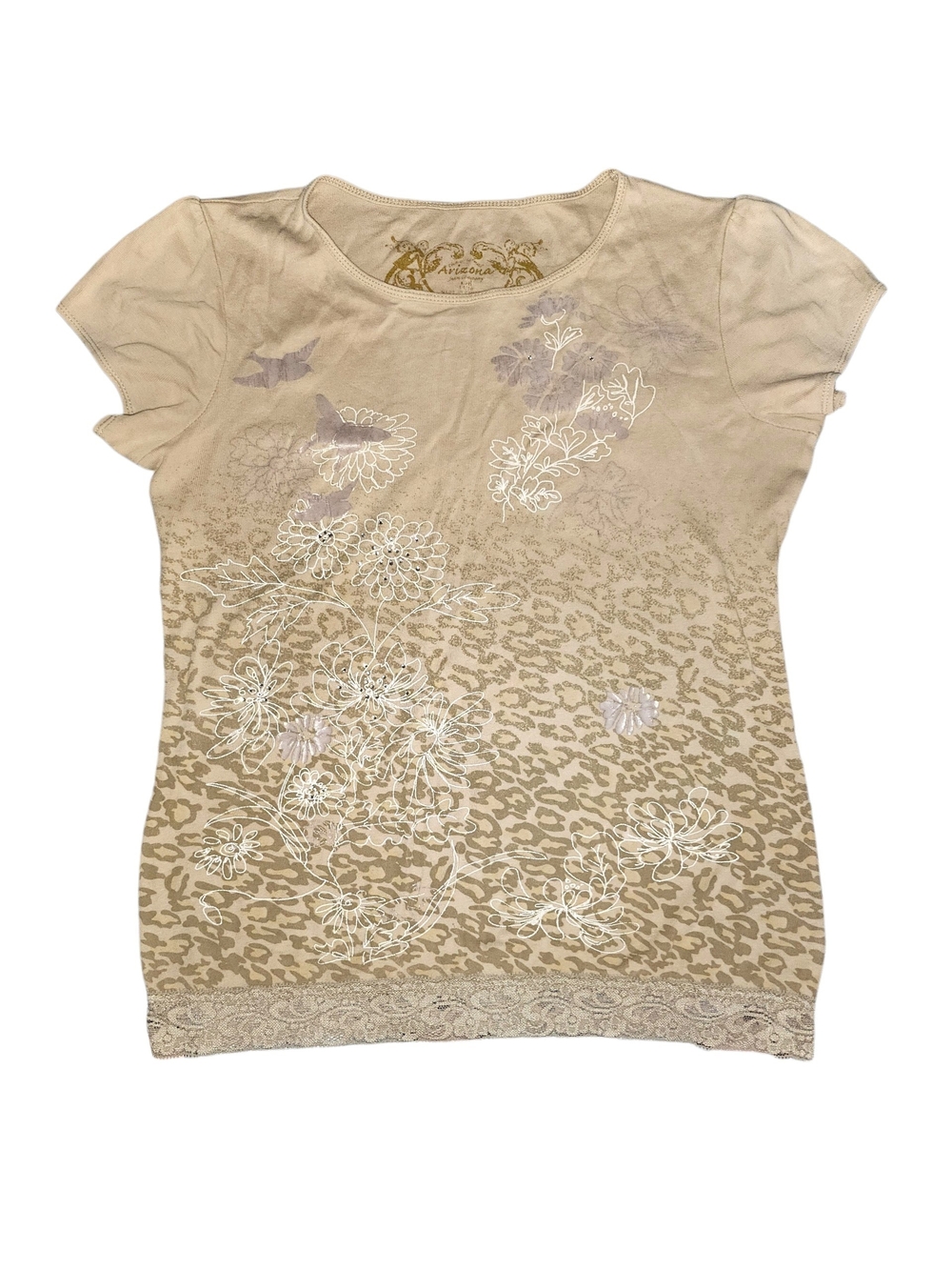Arizona Jean Company Beige Tee with Gold Decorative Print